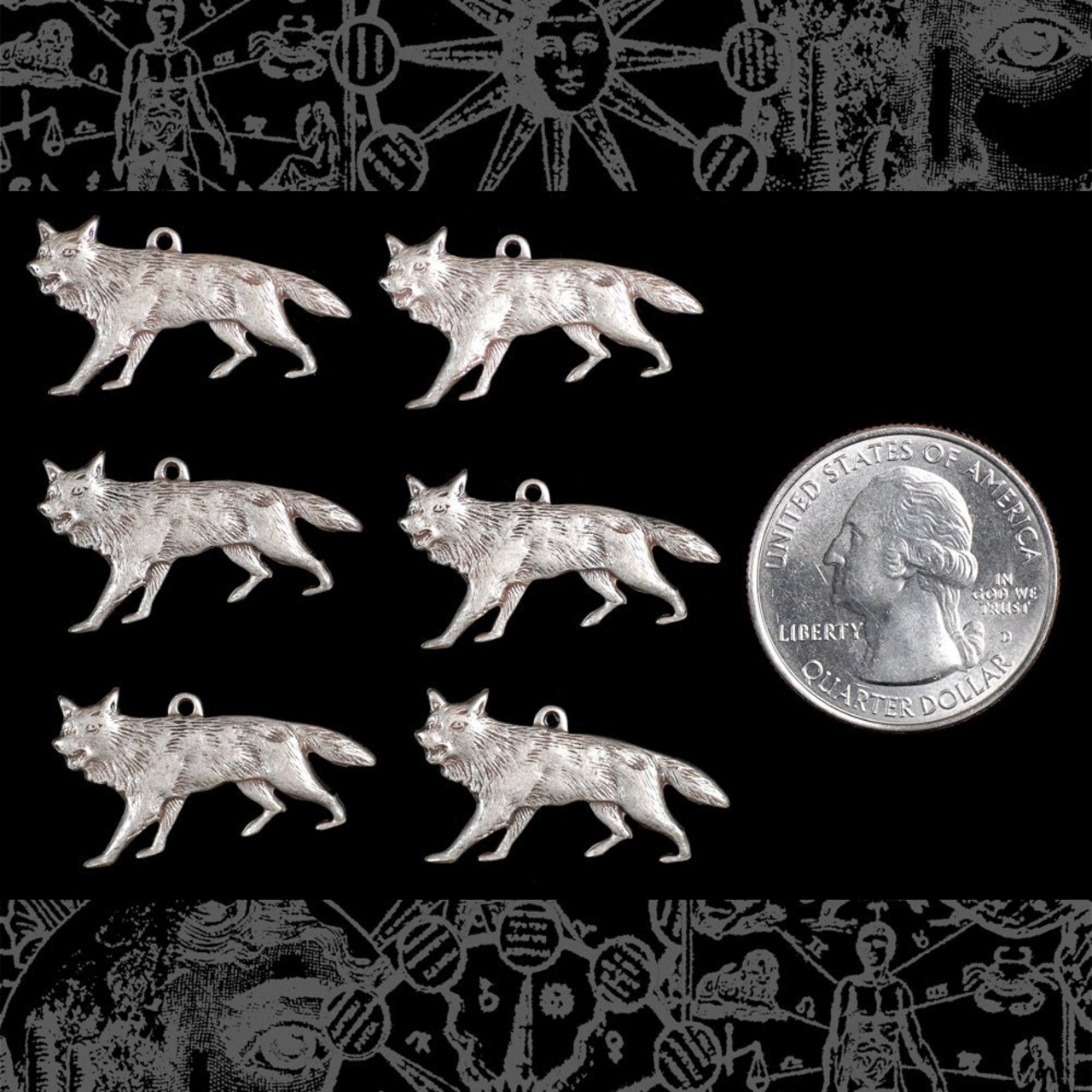 Antiqued Silver Plated Brass Wolf Charms - Set of Six - S-C149